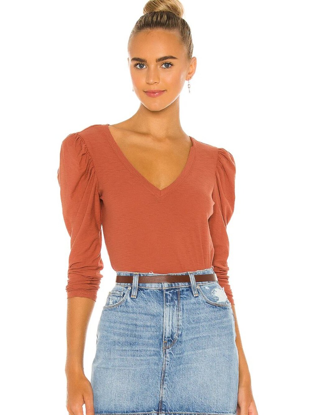 Nation LTD Top Puff Sleeve Long Sleeve Tee Pima Cotton V-Neck Tawny Rose size L